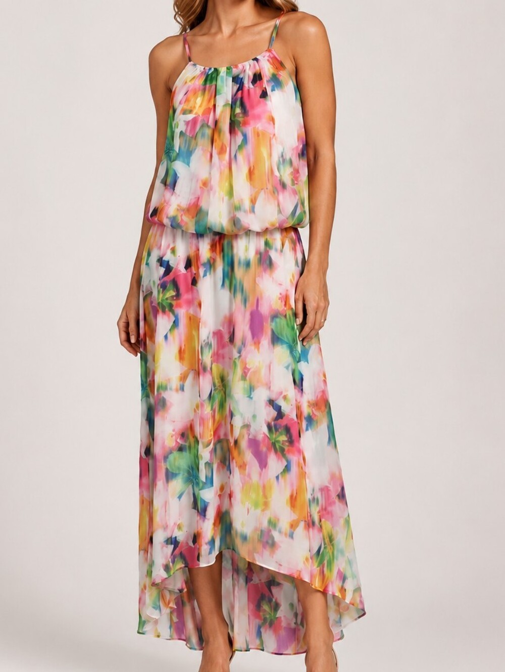 London Times Multicolor Watercolor High-Low Maxi Dress